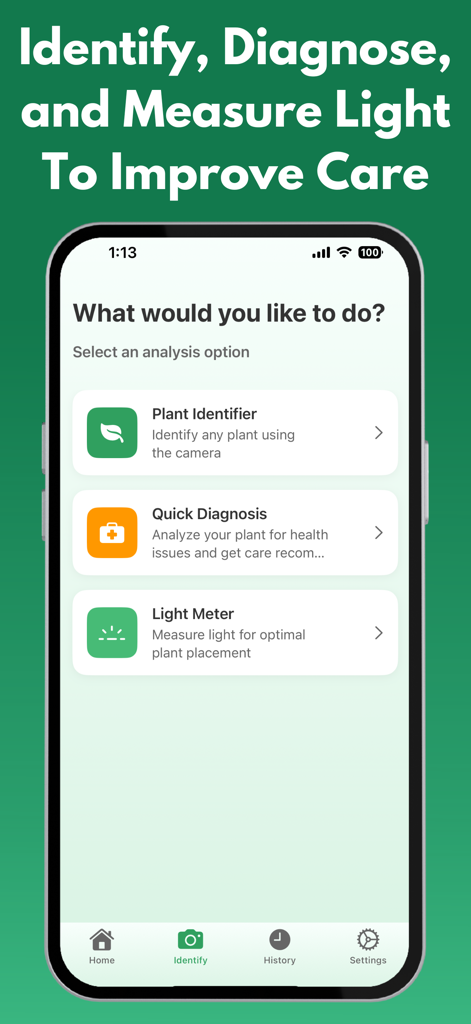 Plant Identifier: PlantRobot - Pantalla de la aplicación móvil PlantRobot que muestra opciones para la identificación de plantas, diagnóstico de salud y medición de luz