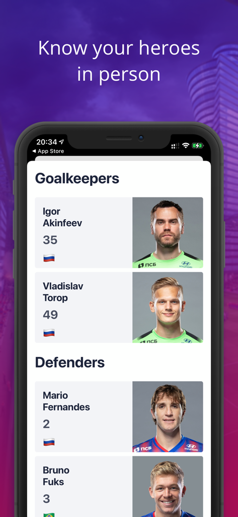 PFC CSKA - Tela do aplicativo móvel mostrando o elenco do time PFC CSKA Moscou com fotos e posições dos jogadores