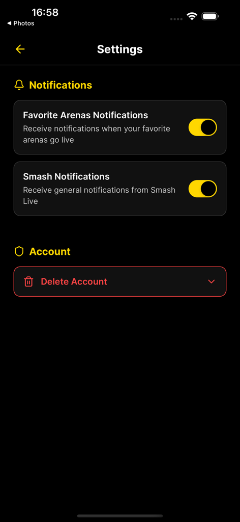 Smash Live - Smash Live app settings screen showing notification toggles and account management options