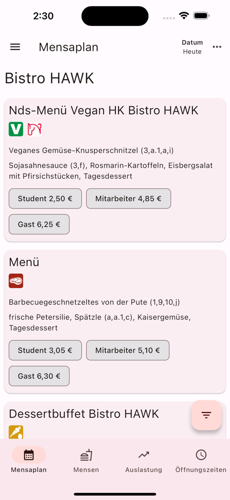 Mensa Speiseplan Göttingen - Screenshot der Mensa Speiseplan Göttingen App, der den Tagesspeiseplan und die Studentenpreise für das Bistro HAWK zeigt