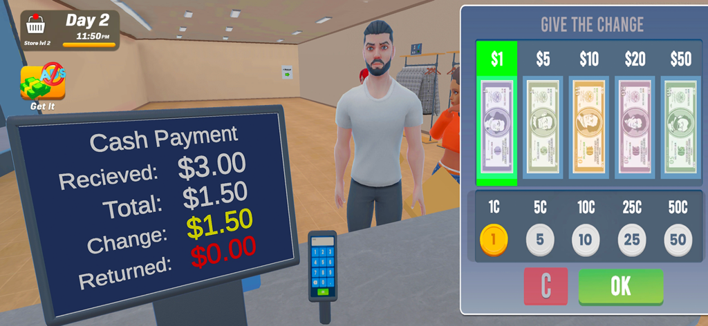 Garments Wear Cloth Simulator - Cashier interface in Garments Wear Cloth Simulator showing customer payment and change calculation
