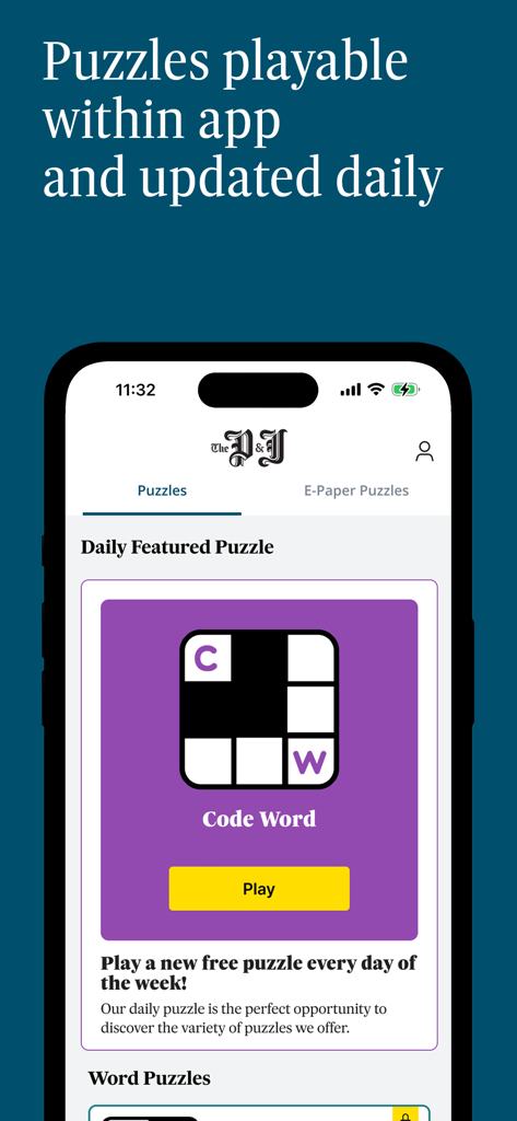 Daily puzzle section of The Press and Journal Scotland app featuring a featured Code Word game.