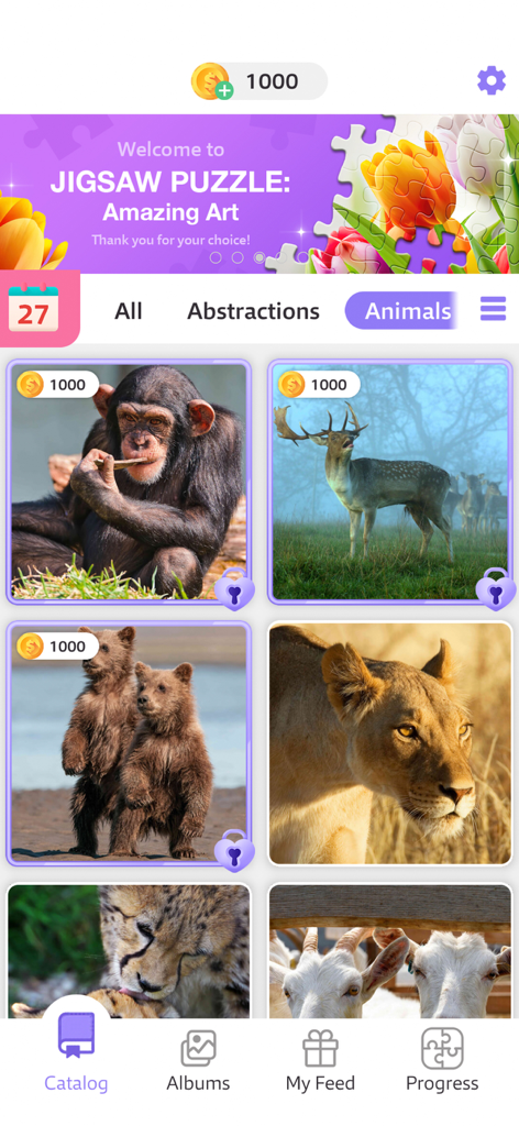 Collection de puzzles d'animaux dans l'application Jigsaw Puzzles Amazing Art
