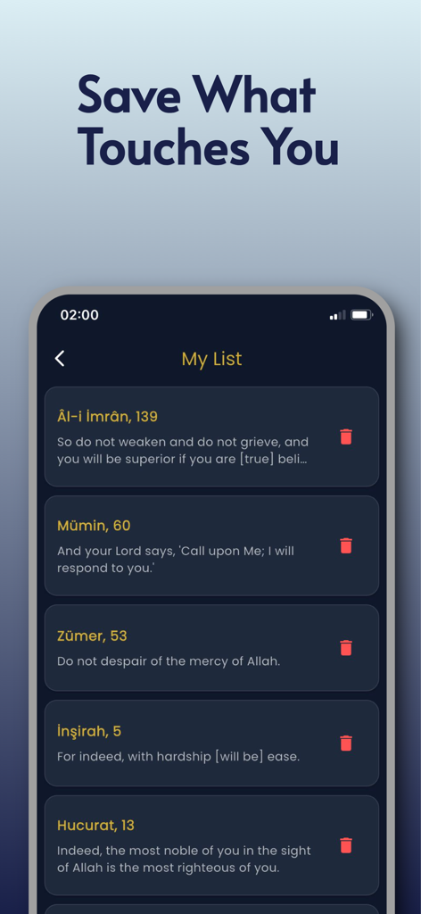 Quran Dairy - Minimalist list of saved Quranic verses in the Quran Diary app interface