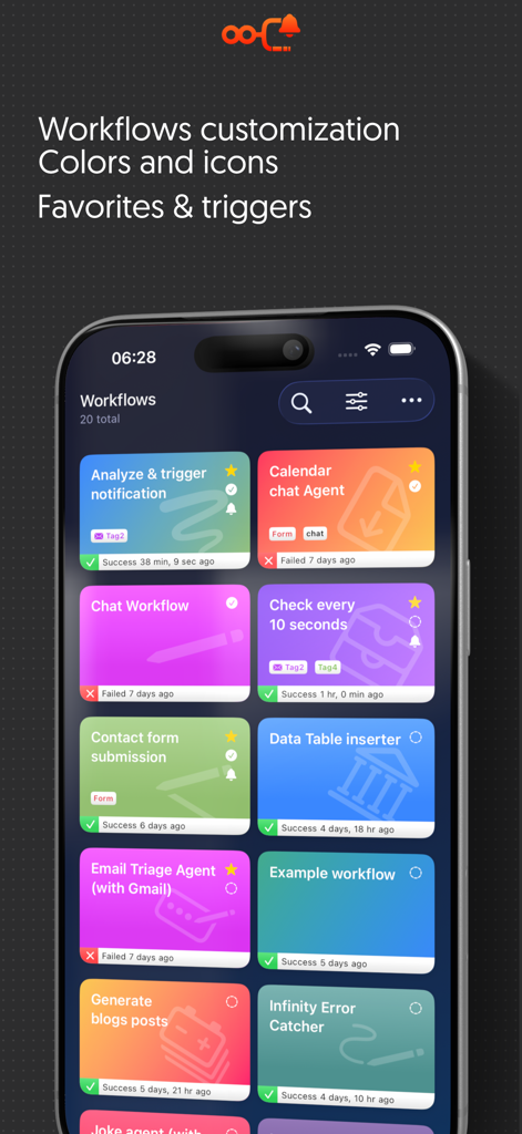 Infinity Workflows - Infinity Workflows mobile dashboard showing customizable n8n automation cards and statuses