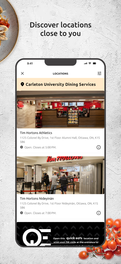 Hey Chef - Hey Chef app interface showing dining locations at Carleton University including Tim Hortons outlets.