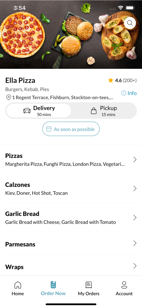 Ella Pizza - Ella Pizza mobile app interface showing the menu categories for pizza calzones and burgers with delivery and pickup options