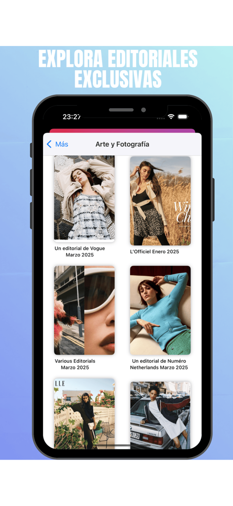 HolliModels - Ein mobiler Bildschirm der HolliModels App mit einer Sammlung exklusiver Mode-Editorials und Magazinfotografie