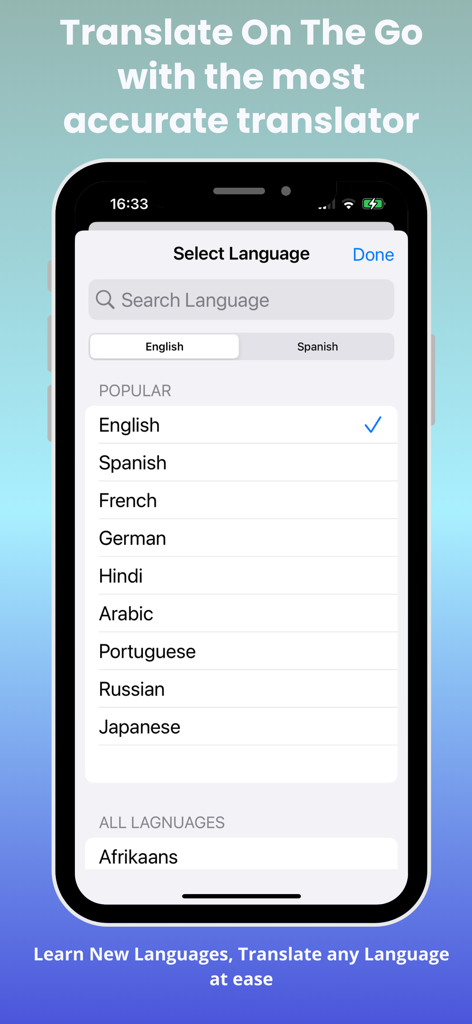 Translate Now * - Tela de seleção de idioma para o aplicativo Translate Now mostrando uma lista de idiomas populares