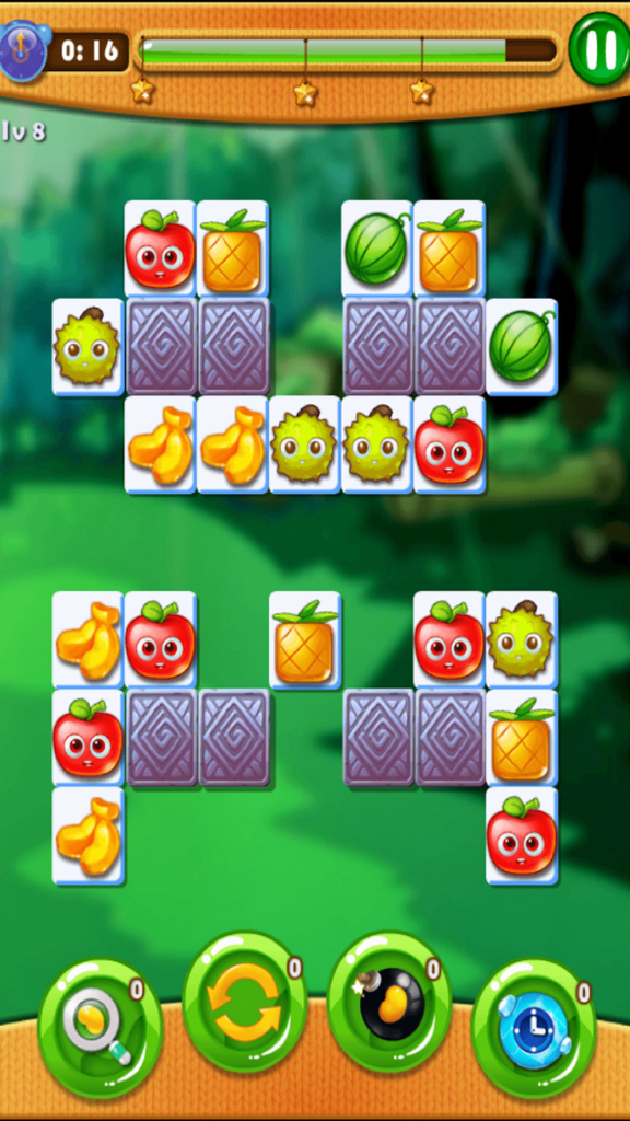 Fruit Link Blast World - Capture d'écran du gameplay de Fruit Link Blast World montrant des tuiles de fruits mignonnes et des éléments de puzzle