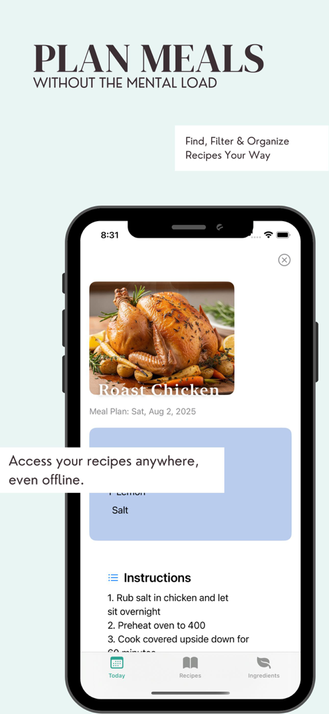 Zest Recipe Planner - Zest 레시피 플래너 앱, 지침이 포함된 로스트 치킨 레시피 화면 표시