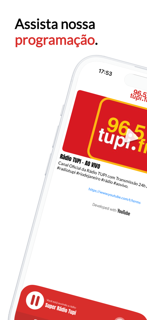 Interface do aplicativo móvel Super Radio Tupi mostrando uma transmissão ao vivo no YouTube de sua programação.