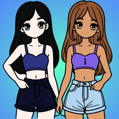 two sisters with crop tops and jean shorts and straight hair