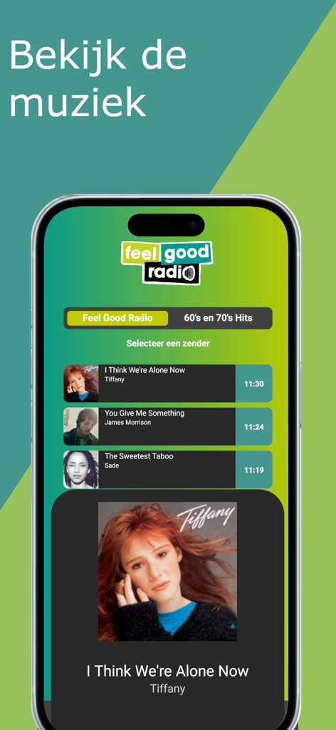 Feel Good Radio - Nieuws&Radio - Feel Good Radio app mostrando información de la canción actual y el historial de la lista de reproducción de classic hits.