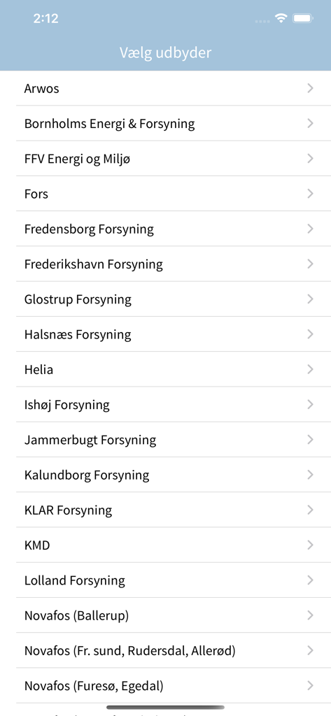 forsyning - se dit forbrug - A list of utility providers on a mobile app selection screen