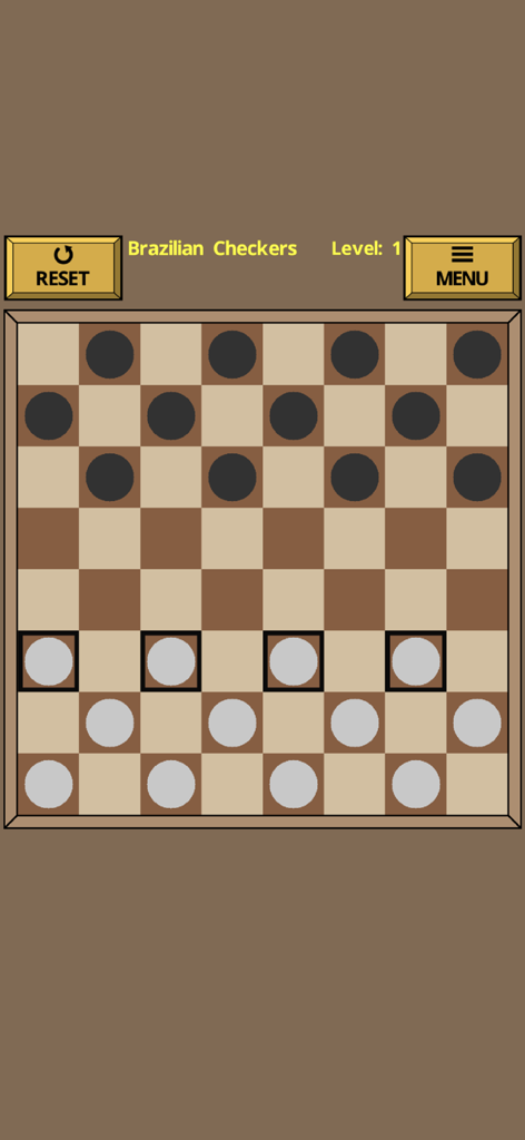 Checkers - Draughts (various) - A game of Brazilian Checkers in progress on level one with black and white pieces on a brown board.