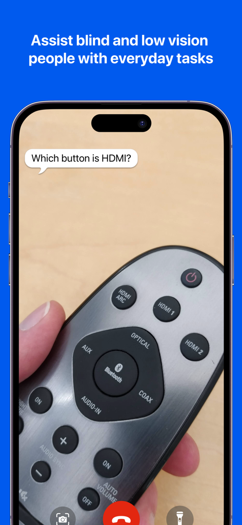 A screenshot of the Be My Eyes app showing a user asking for help identifying an HDMI button on a TV remote control through a live video call.