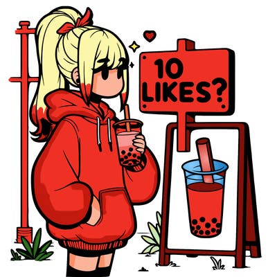 girl with oversized hoodie drinking boba and she has a high ponytail with a sign that says 10likes?