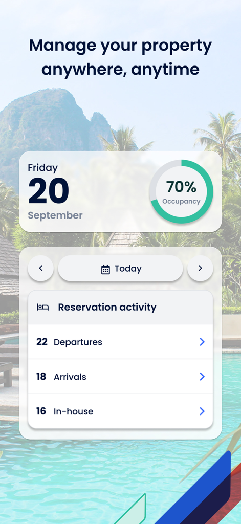 Cloudbeds - Cloudbeds mobile app dashboard displaying occupancy rate and reservation activity for property management