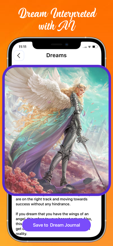 How Will I Look When Im Older - Mobile app screen showing an AI dream interpretation of a winged angel warrior and a dream journal save button