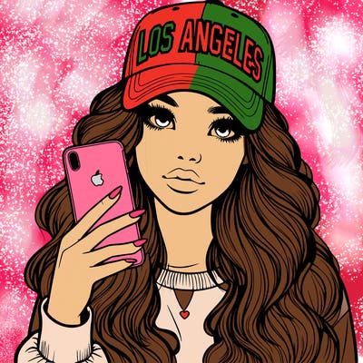 realistic beautiful girl wearing los ángeles cap holding an iphone