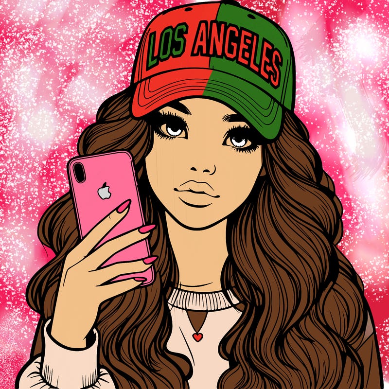 realistic beautiful girl wearing los ángeles cap holding an iphone