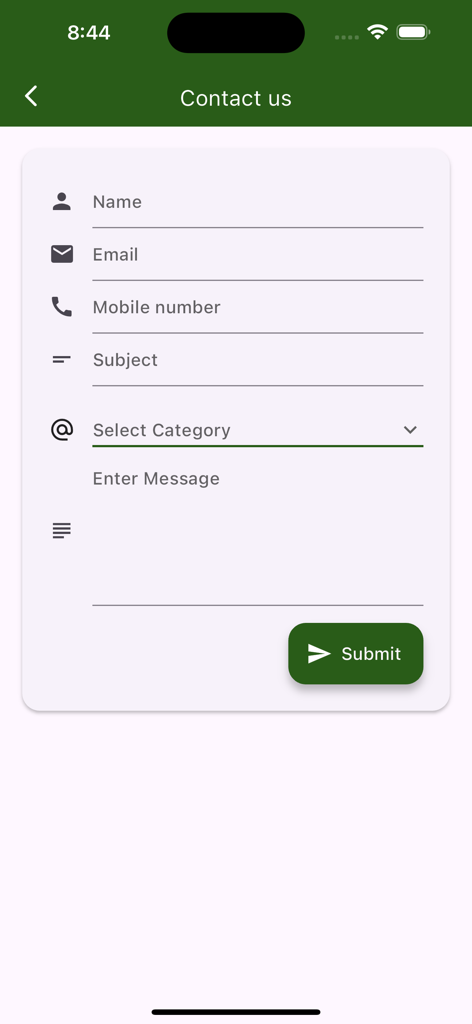 Masjid Quba - Edmonton - Un formulario de contacto en la aplicación Masjid Quba con campos para nombre, correo electrónico y mensaje.