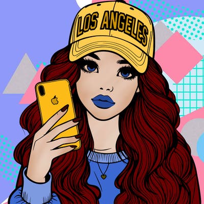 realistic beautiful girl wearing los ángeles cap holding an iphone