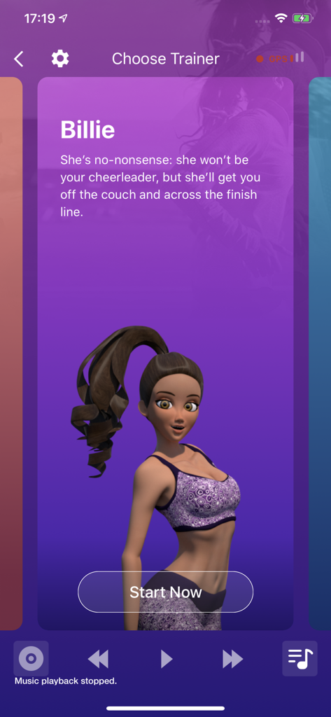 Couch to 5K trainer selection screen showing Billie a no-nonsense virtual coach