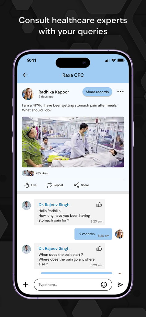 Ein Patient konsultiert über die Chat-Oberfläche der Raxa-App einen medizinischen Experten bezüglich Gesundheitsfragen.