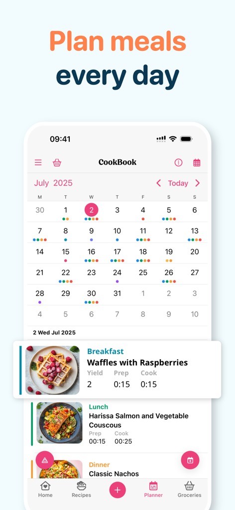 CookBook - Recipe Keeper - Digitale Mahlzeitenplaner-Benutzeroberfläche zeigt einen Kalender mit geplanten Rezepten für Frühstück, Mittag- und Abendessen
