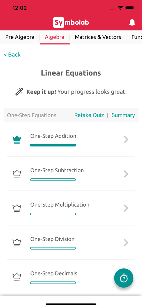 Symbolab Practice app screen showing algebra linear equations topics like one-step addition and subtraction with progress tracking.