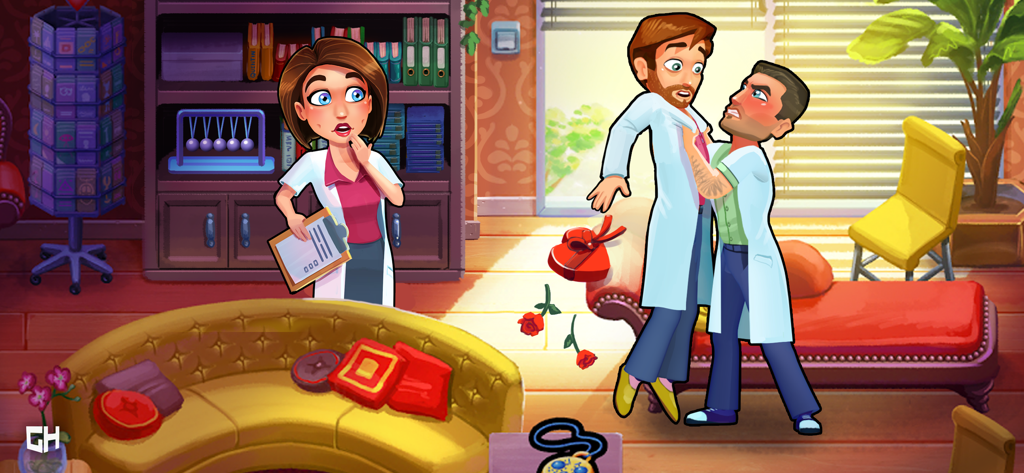 Heart's Medicine Hospital Heat - Dos médicos varones en una acalorada confrontación mientras una doctora observa en shock