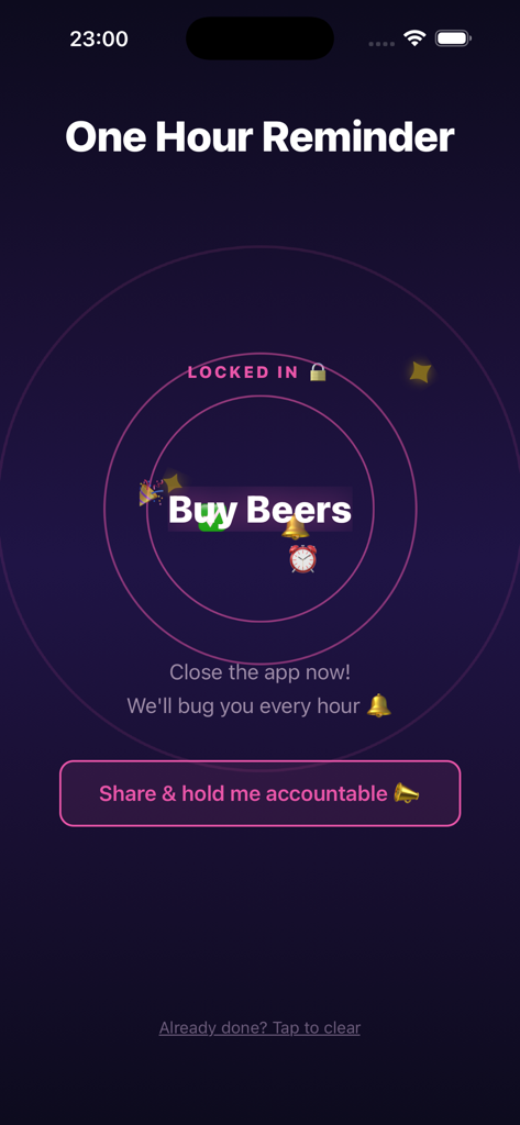 One Hour Reminder - Tela do aplicativo Lembrete de Uma Hora mostrando uma tarefa bloqueada com configurações de notificação horária e um botão de compartilhamento de responsabilidade
