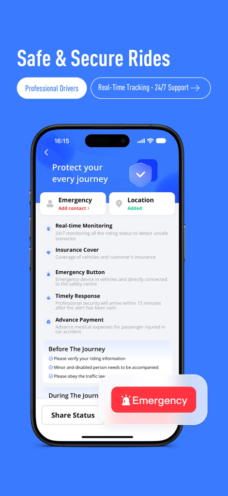 Move by LM CAR – Ride Hailing - Move by LM CAR app interface displaying safety and security features for riders