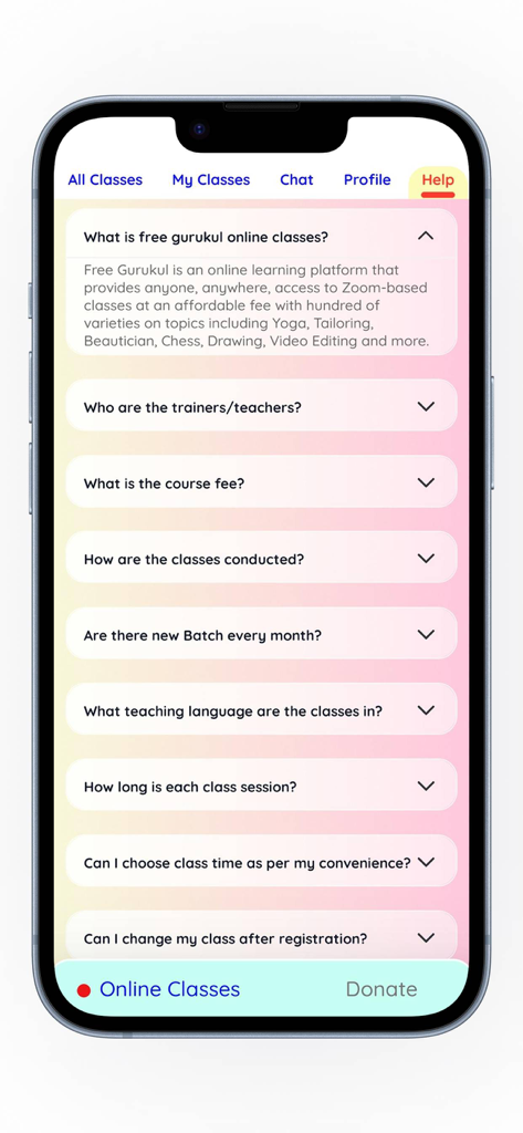 Free Gurukul - FAQ and help section for online classes in the Free Gurukul app