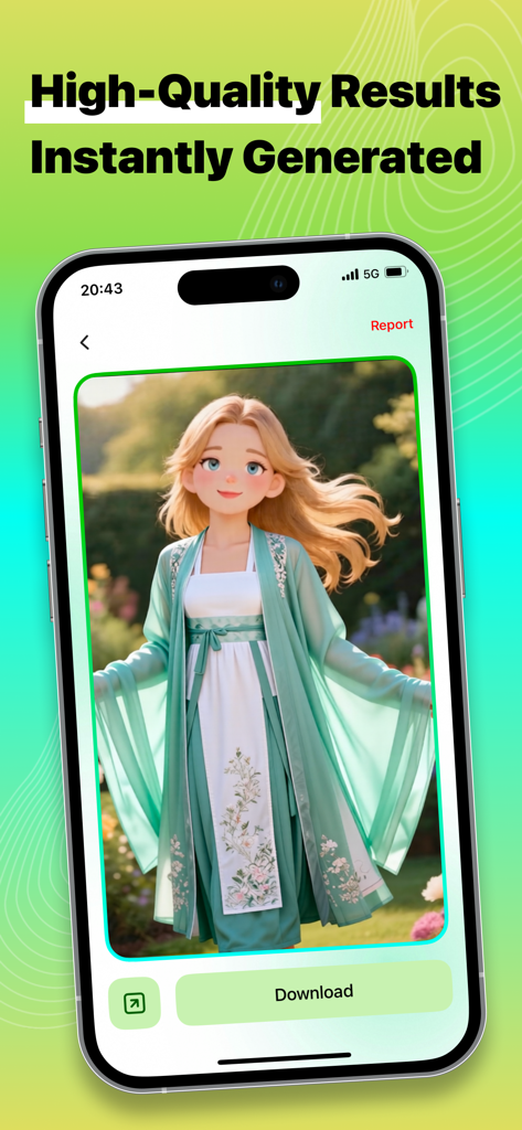 AI Twist - A smartphone displaying a high-quality AI-generated stylized character in the AI Twist app.