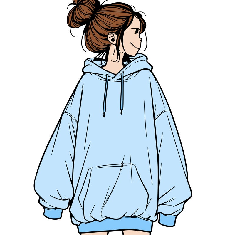realistic girl with a oversized sweatshirt on and a bun