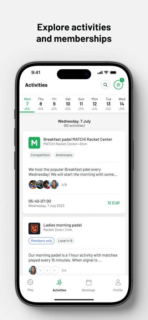 MATCHi - Interface of the MATCHi app showing available racket sports activities and membership options.