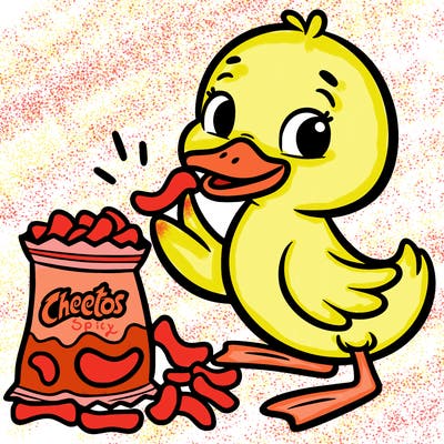 a duck eating cheetos
