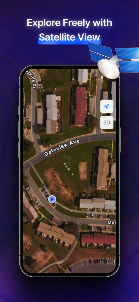 MapXplorer smartphone screen showing satellite map view with 3D navigation features