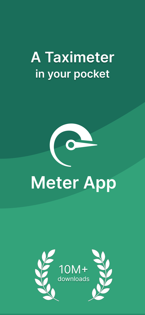Promotional screen for the Taximeter Meter App displaying the tagline A Taximeter in your pocket and a 10 million downloads milestone badge