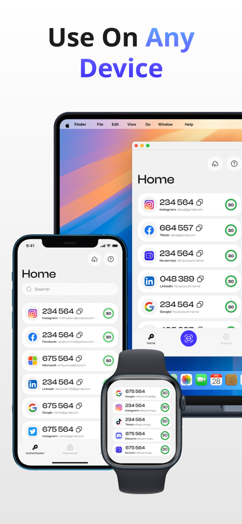 Authenticator 2FA-App-Oberfläche zeigt synchronisierte Codes auf iPhone, Apple Watch und Mac.