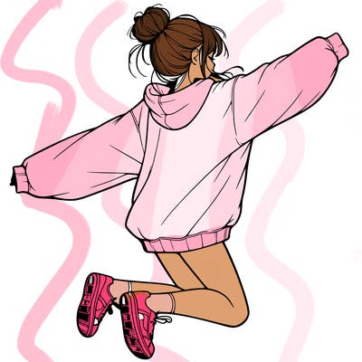 realistic girl jumping with a bun and oversized sweatshirt