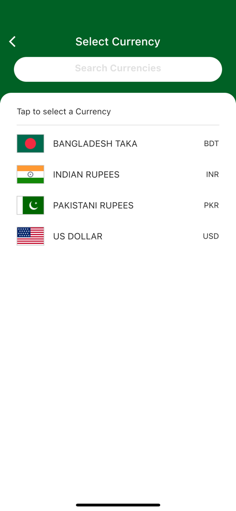 Gulf Exchange - Gulf Exchange app currency selection screen showing Bangladesh Taka Indian Rupees Pakistani Rupees and US Dollar