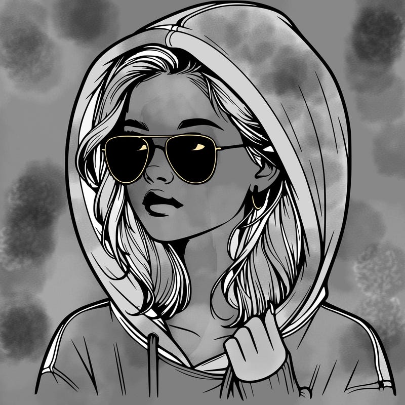 realistic teenage girl, wearing a hoodie and sunglasses