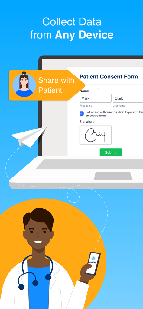 Jotform Health - Medical Forms - A healthcare professional sharing a digital patient consent form for electronic signature across mobile and laptop devices.
