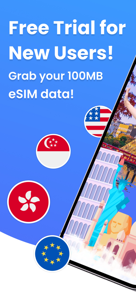Promotion for a free 100MB eSIM data trial for new RedteaGO users featuring international destination flags