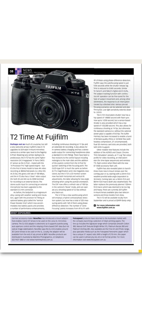 ProPhoto - ProPhoto magazine article about Fujifilm XT2 camera equipment evaluation