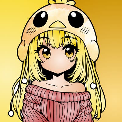 anime girl with chick shaped hat with sweater with bare shoulders with bangs covering them one eye with low tail